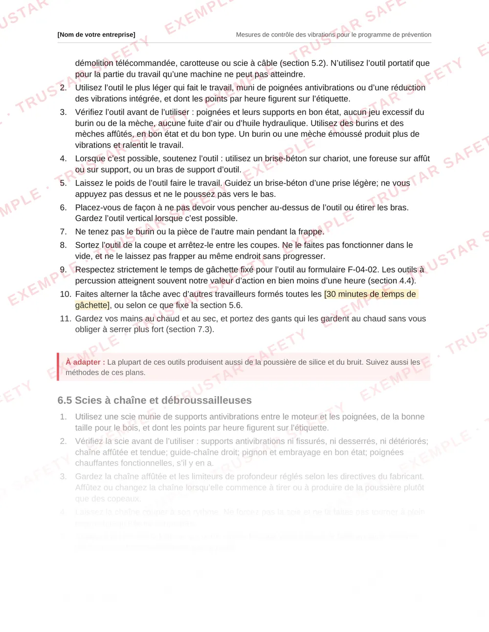 French safe work procedure for breakers, rotary hammers and other percussive tools, from the vibration plan template
