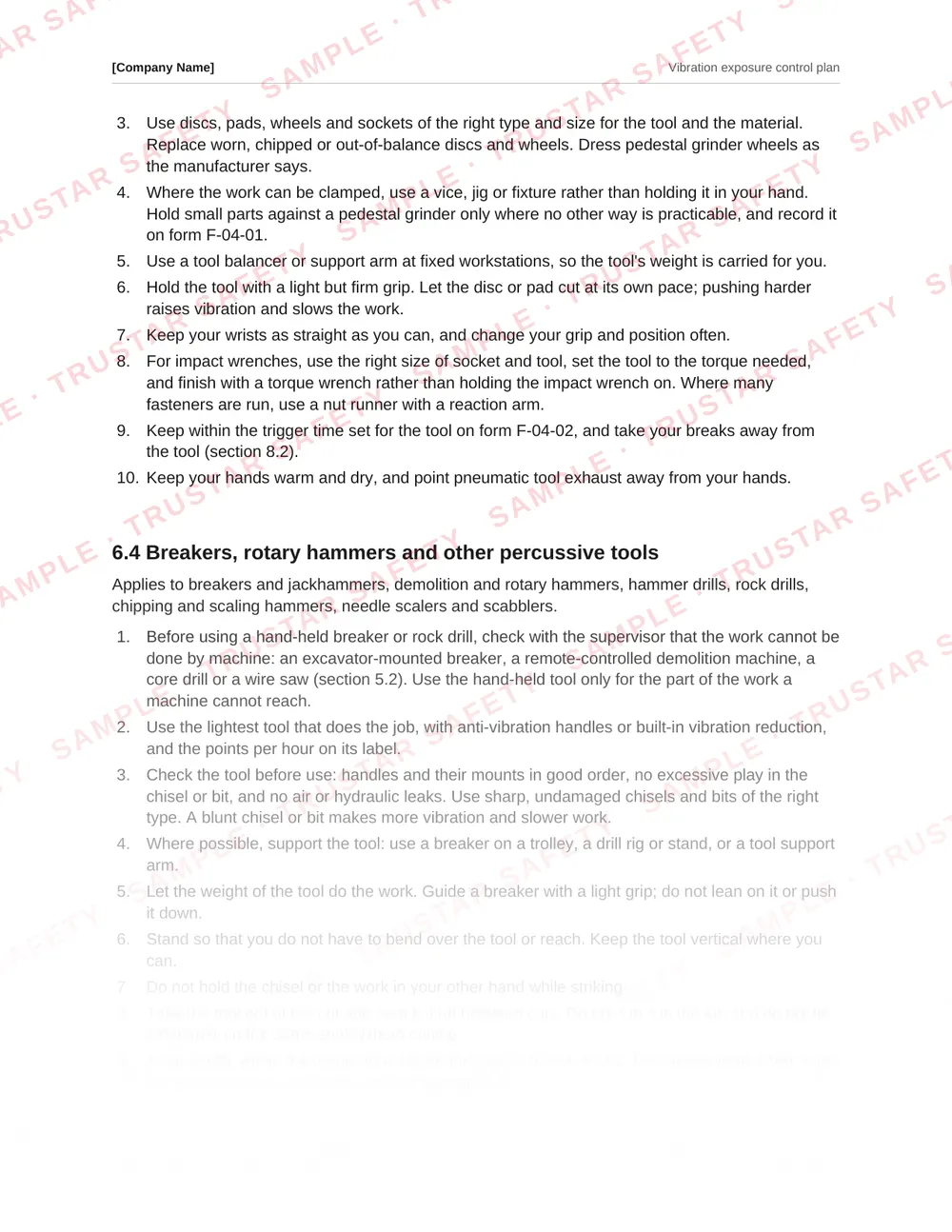Safe work procedure for breakers, rotary hammers and other percussive tools, from the Vibration exposure control plan template