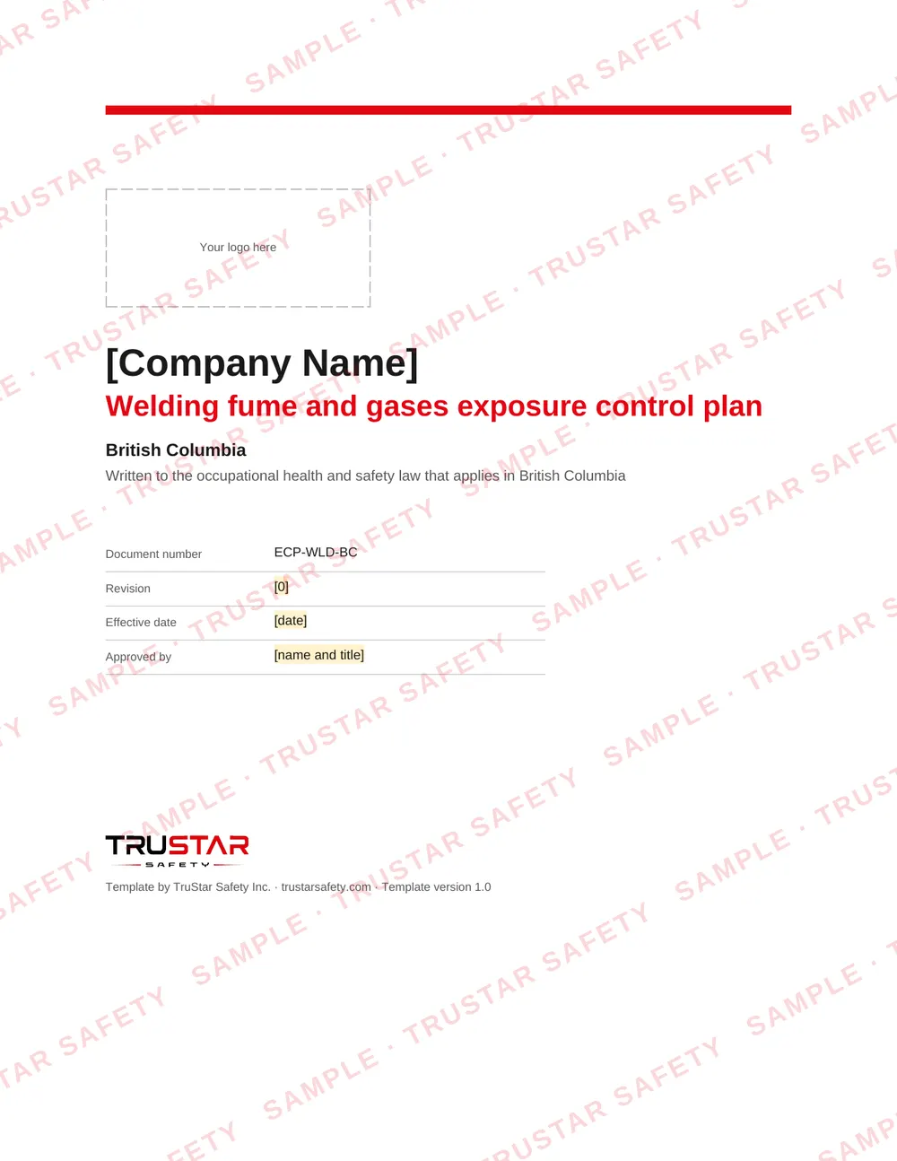 Cover of the Welding fume and gases exposure control plan template for use in British Columbia, with a logo box and the company name field