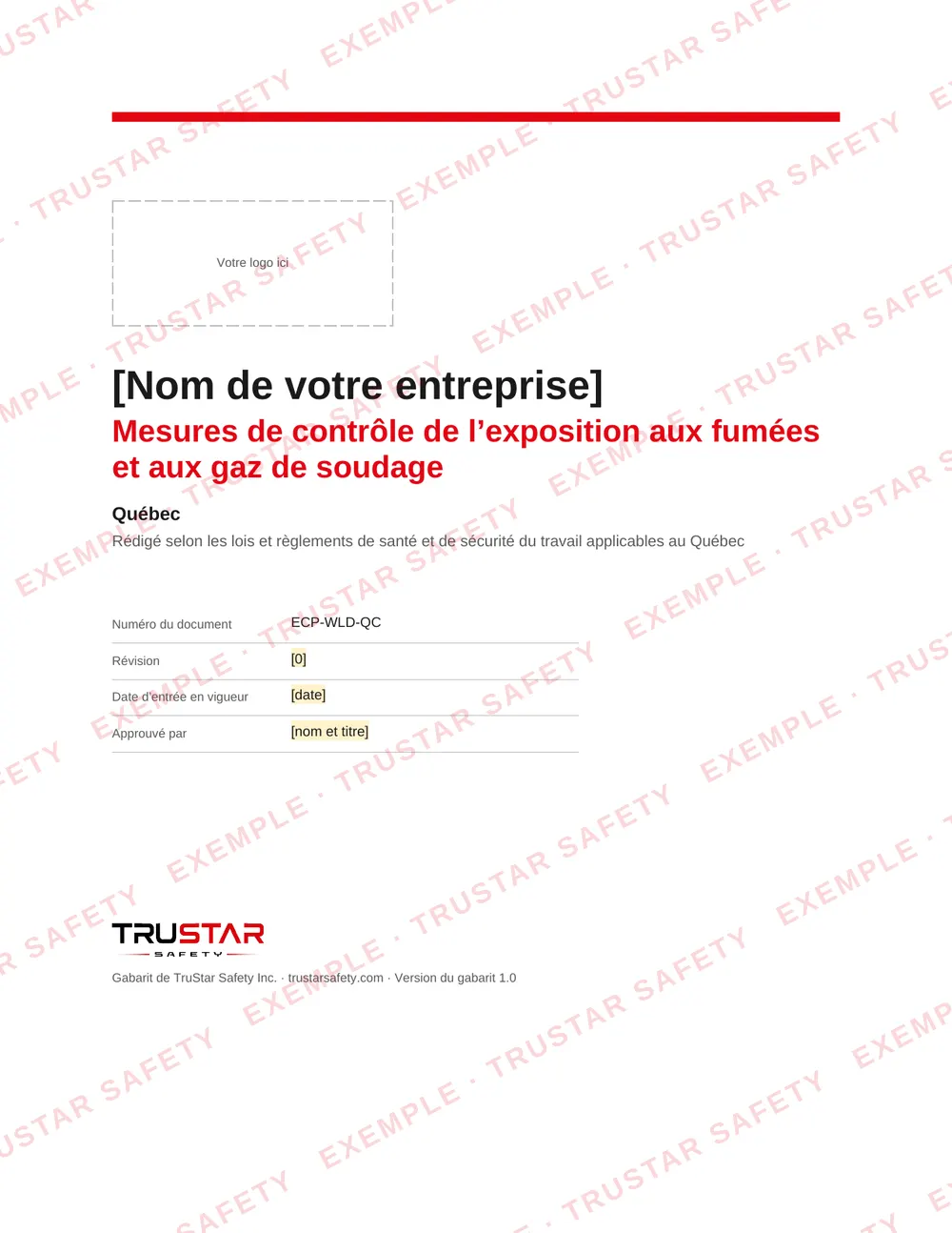 Cover of the French edition of the welding fume and gases exposure control plan template (Mesures de contrôle de l’exposition aux fumées et aux gaz de soudage), with a logo box and the company name field