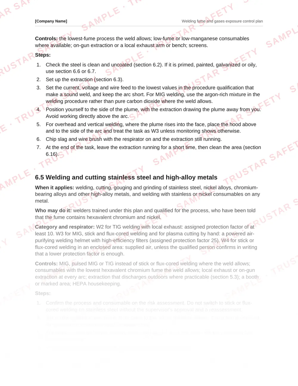 The stainless steel welding and cutting procedure from the Welding fume and gases exposure control plan template