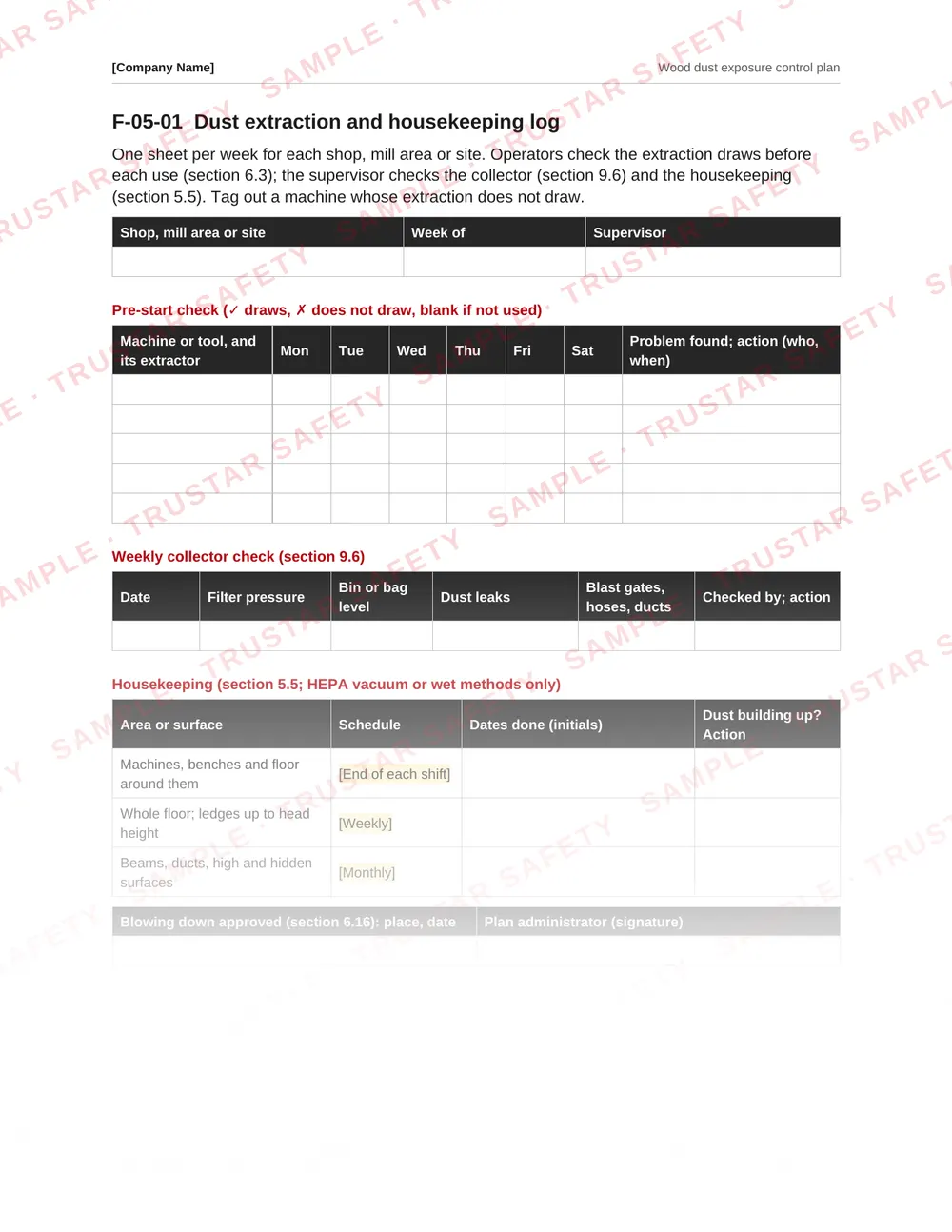 Dust extraction and housekeeping log form from the Wood dust exposure control plan template