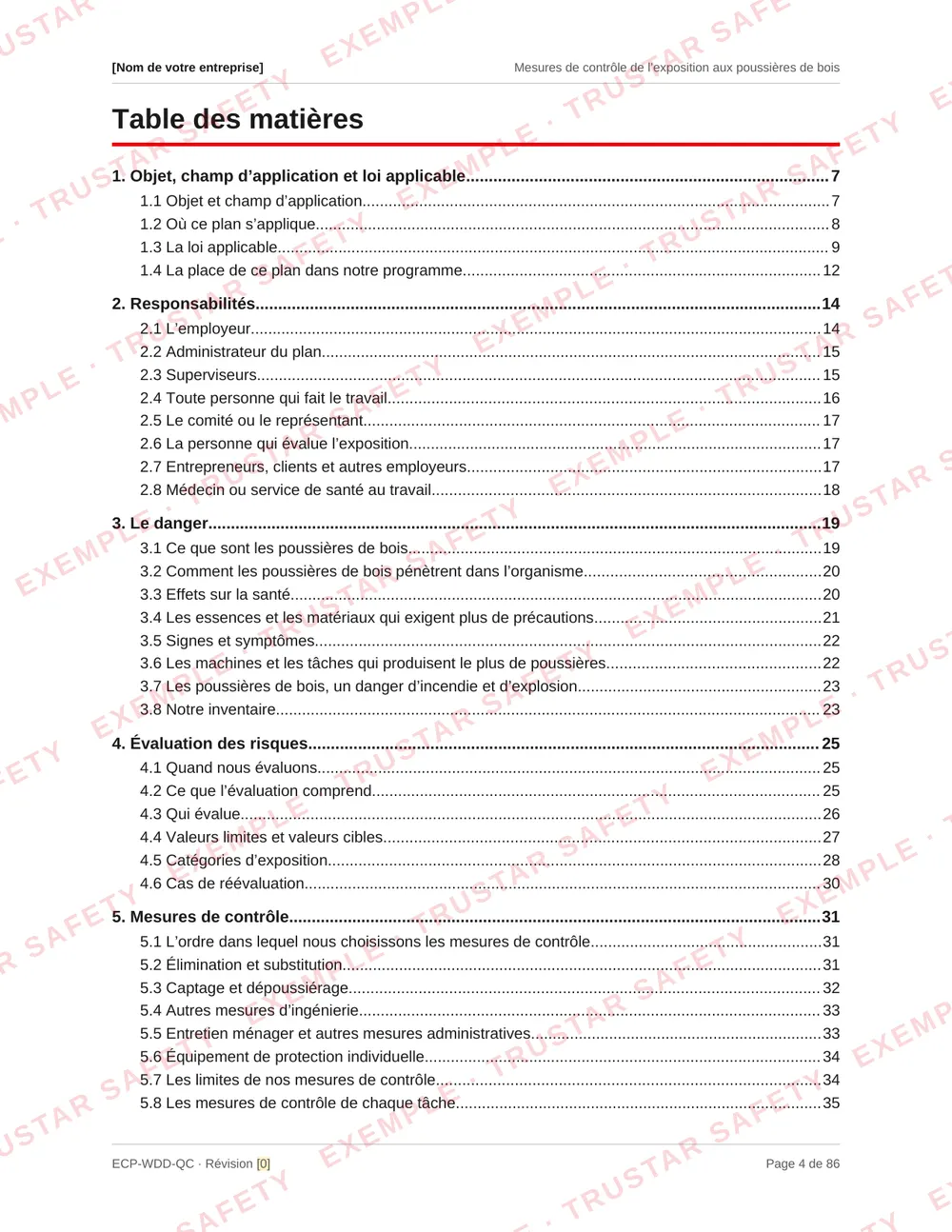Table of contents of the French edition of the wood dust exposure control plan template, from the hazard and risk assessment through dust extraction and fourteen machine and task procedures