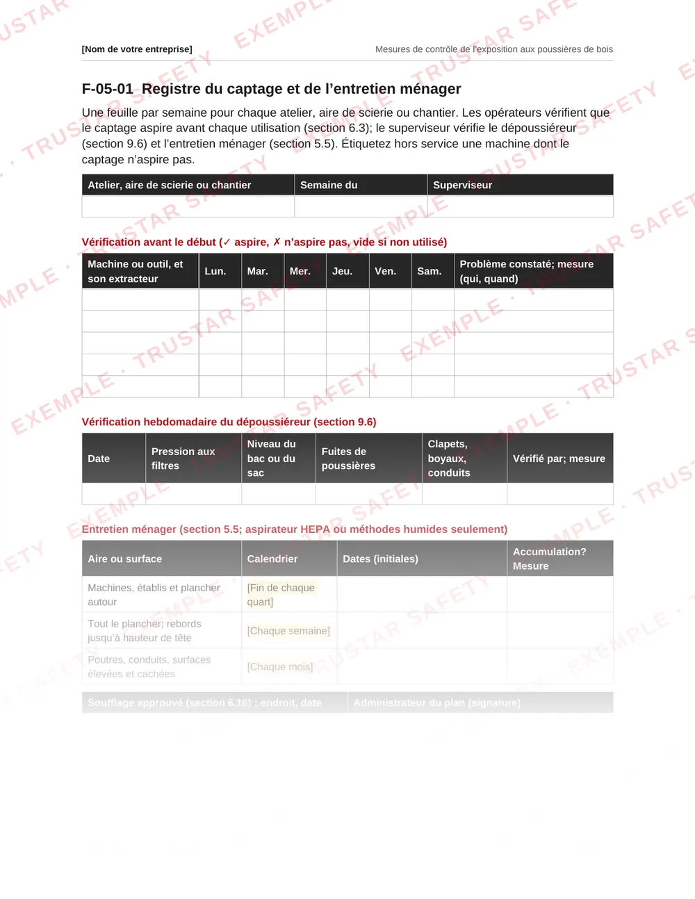 French dust extraction and housekeeping log form from the wood dust plan template