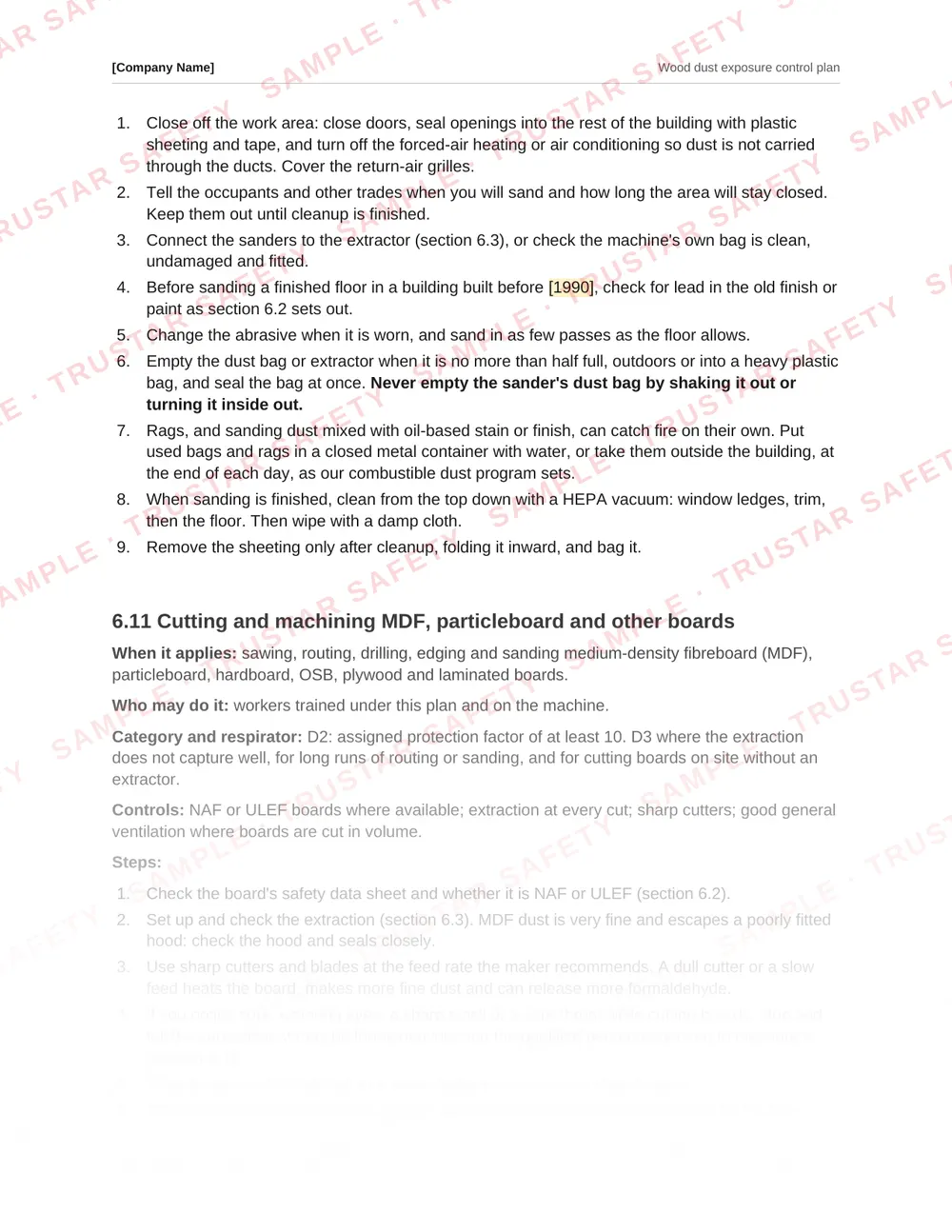 The floor sanding procedure from the Wood dust exposure control plan template