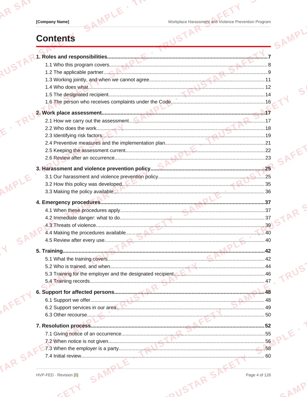 Table of contents of the federal harassment and violence prevention program template