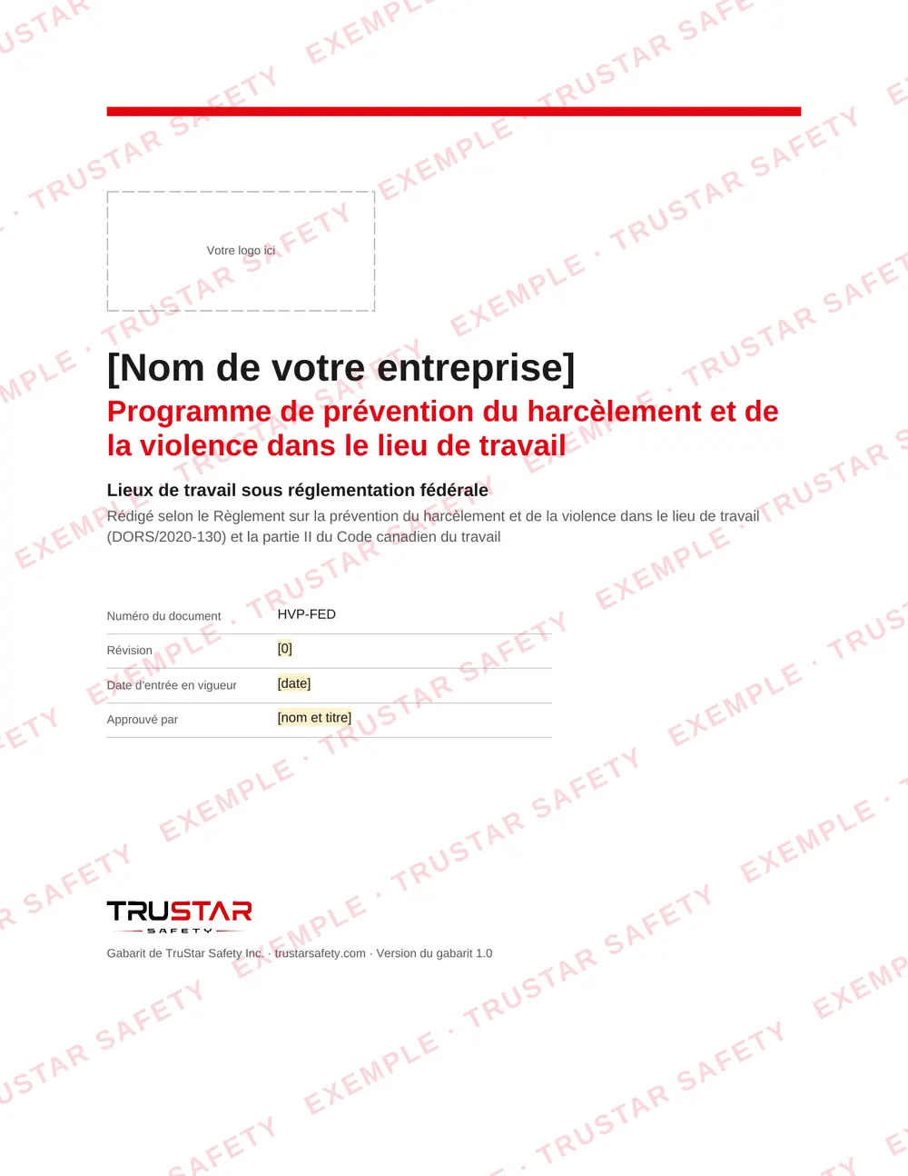 Cover of the French edition of the federal harassment and violence prevention program template