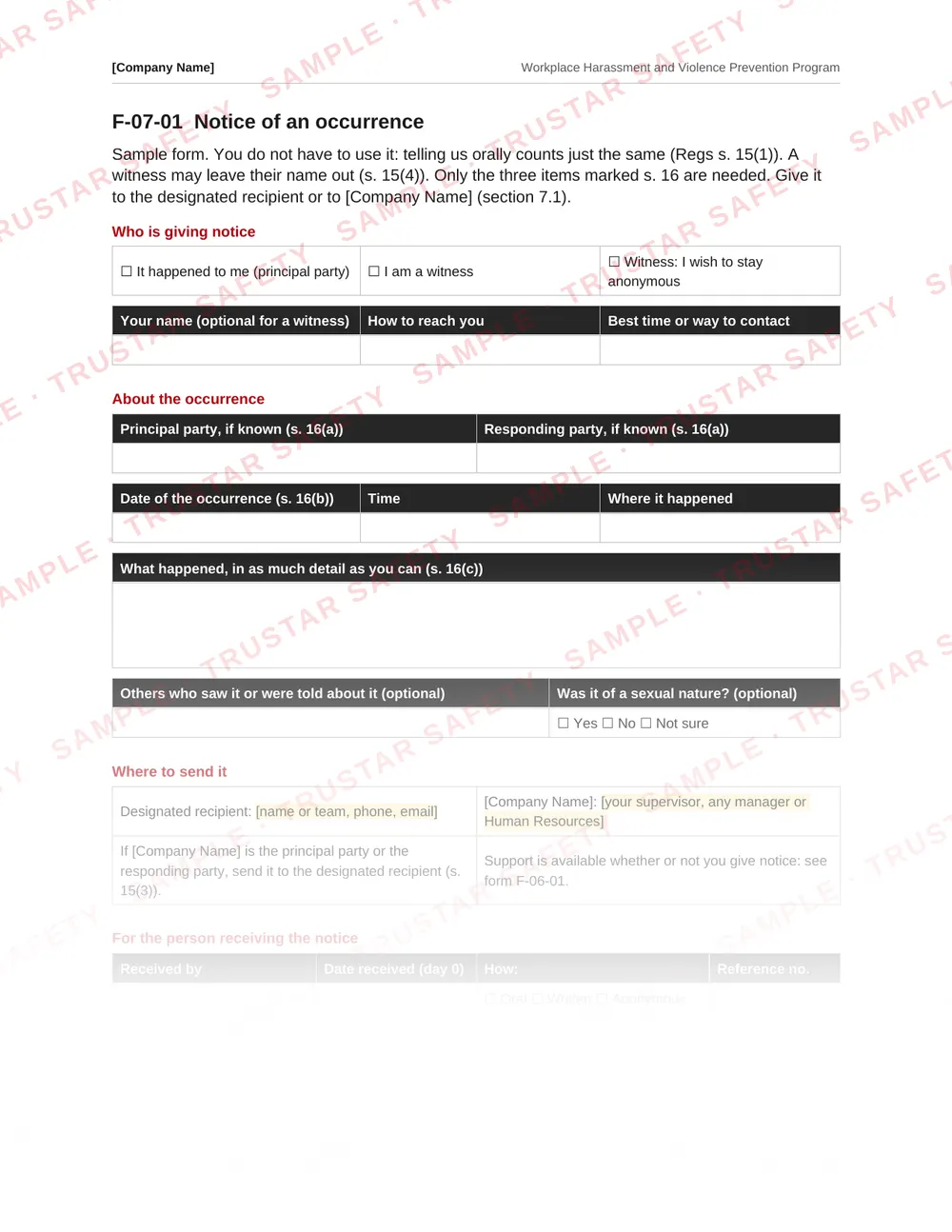 Notice of an occurrence form from the federal harassment and violence prevention program template