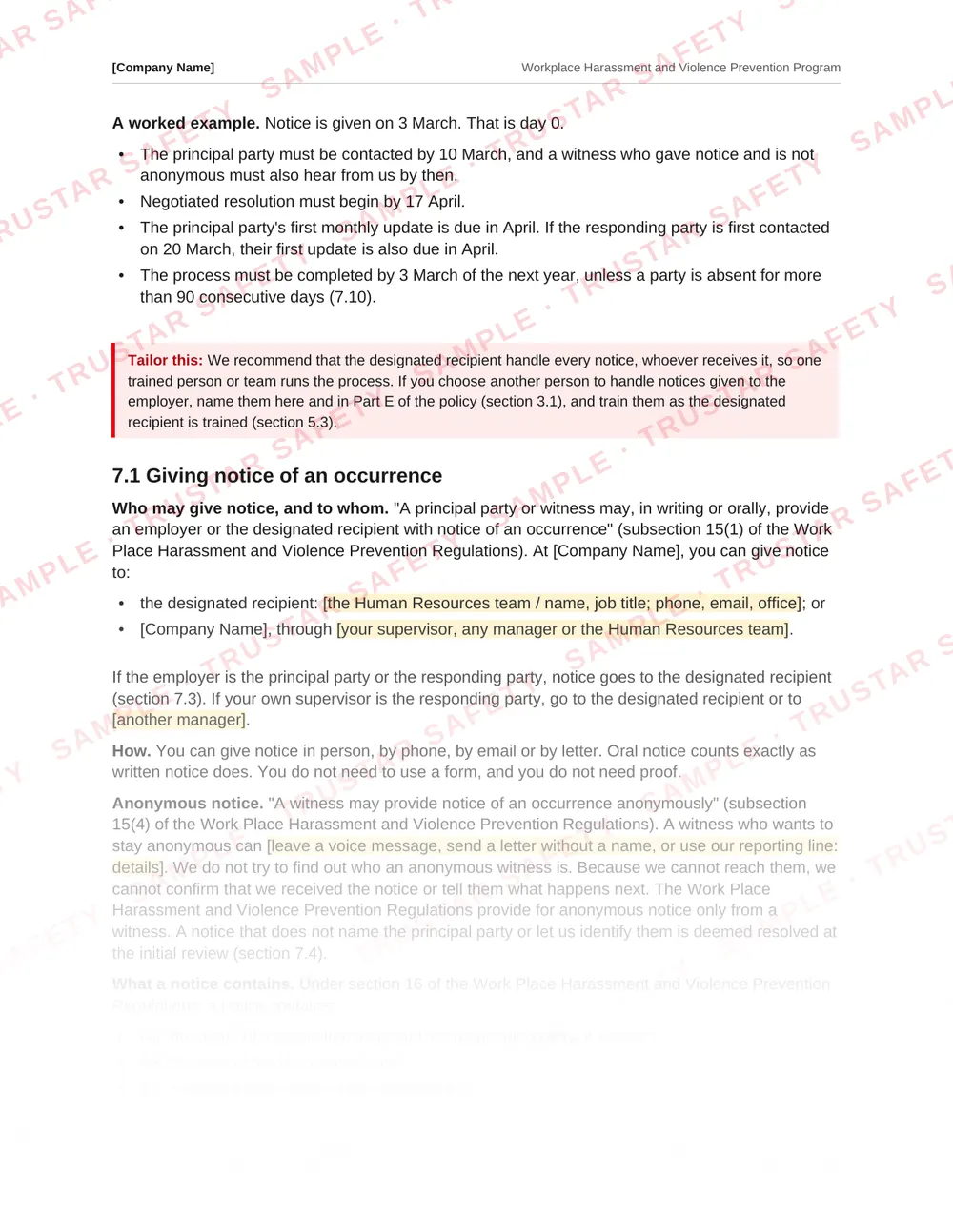 The resolution process section of the federal harassment and violence prevention program template