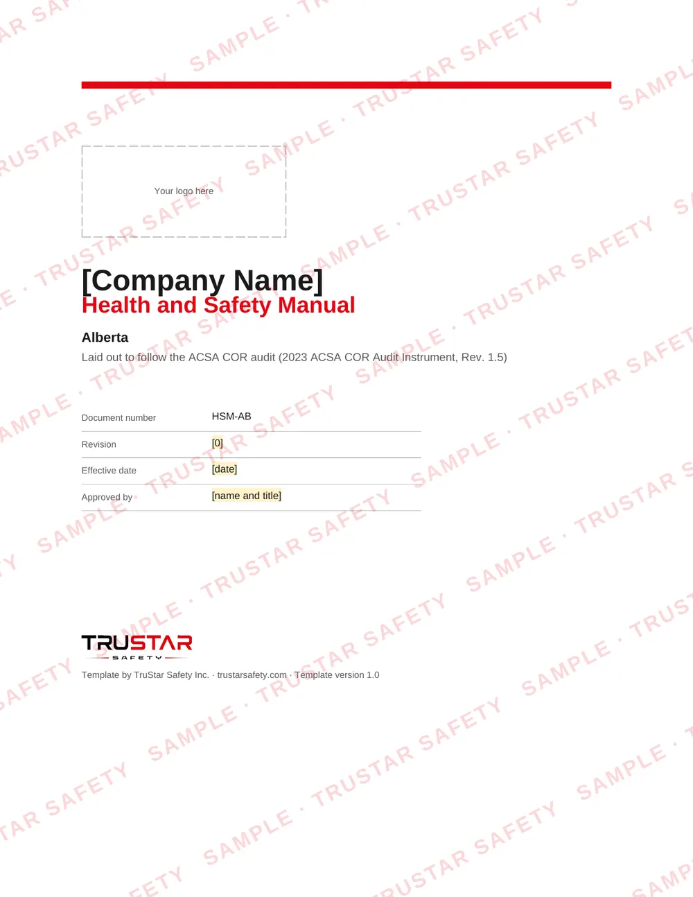 Cover of the Alberta COR safety manual template, with a logo box and the company name field