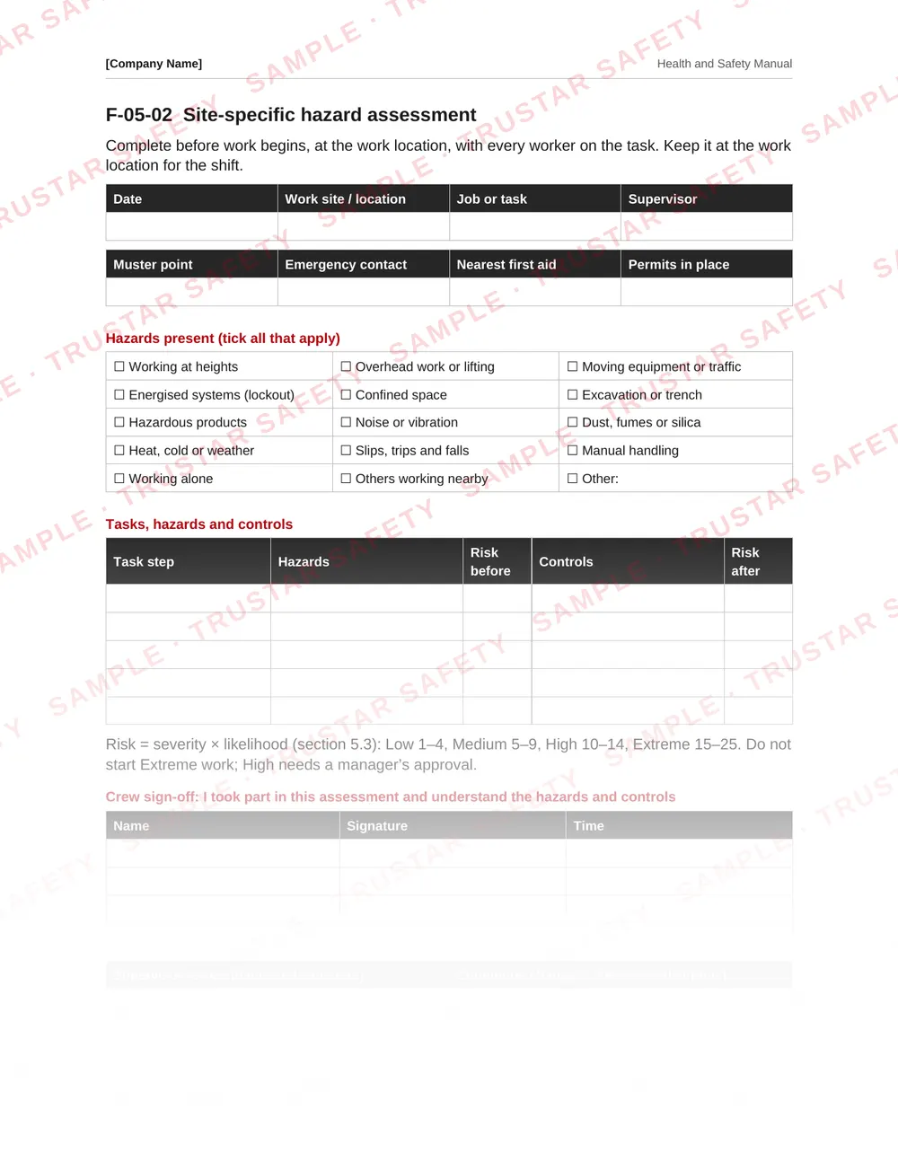 Site-specific hazard assessment form from the Alberta safety manual template