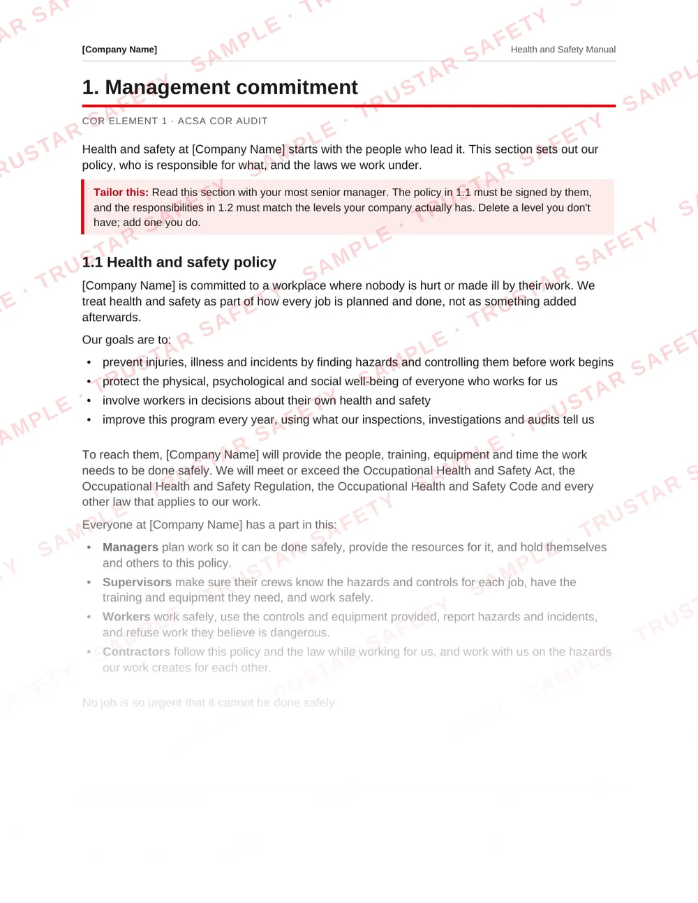 Health and safety policy page from the Alberta safety manual template, with a Tailor this note