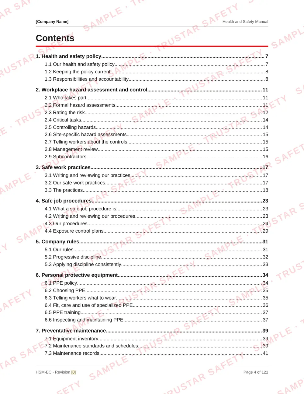 Table of contents of the British Columbia COR safety manual template, laid out by BCCSA COR element