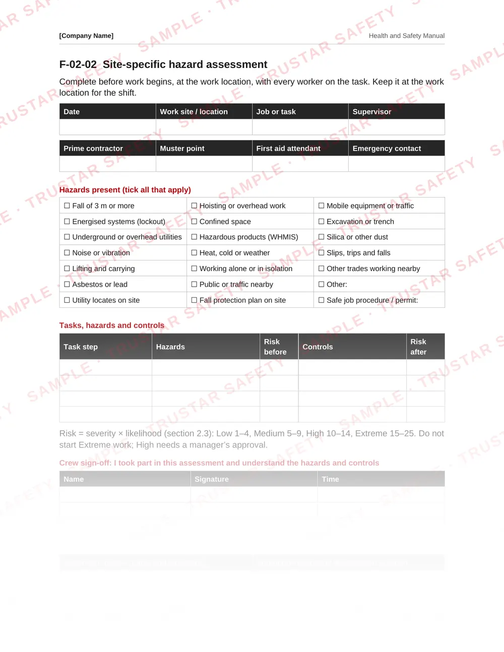 Site-specific hazard assessment form from the British Columbia safety manual template