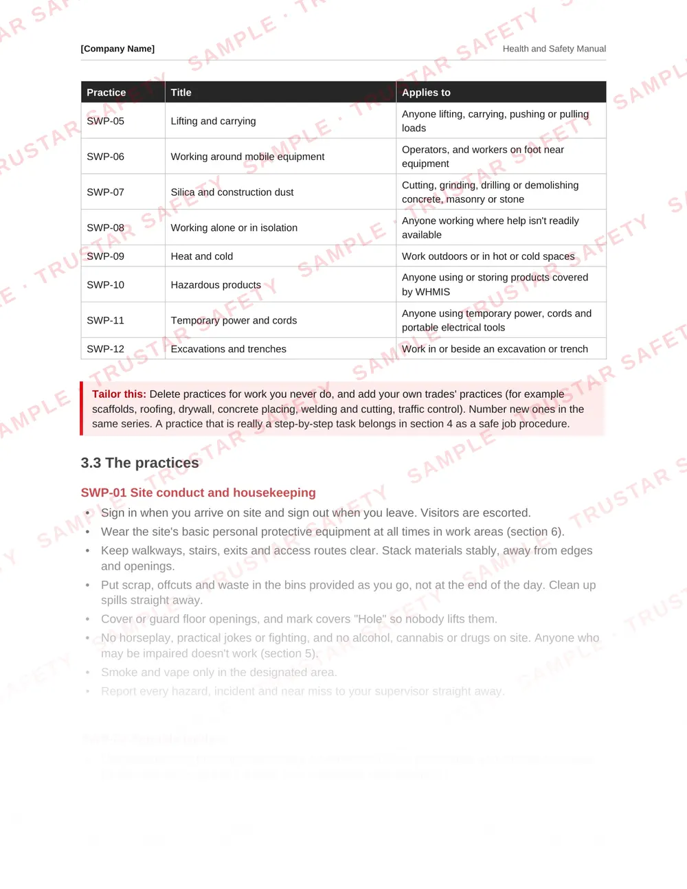 List of safe work practices from the British Columbia safety manual template, including ladders, working at heights and silica