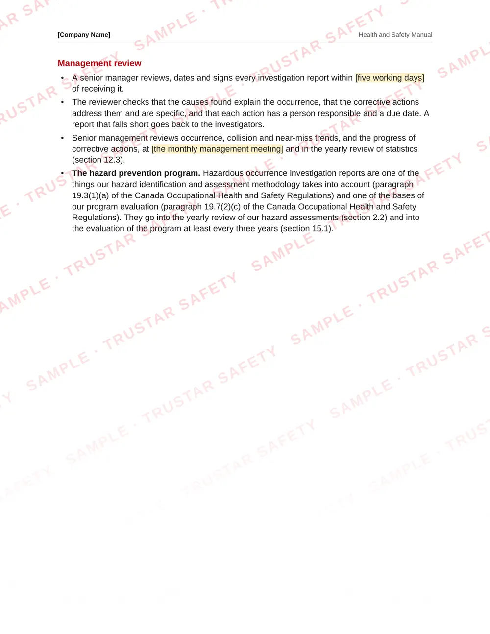 The hazard prevention program section of the federal road transport health and safety manual template