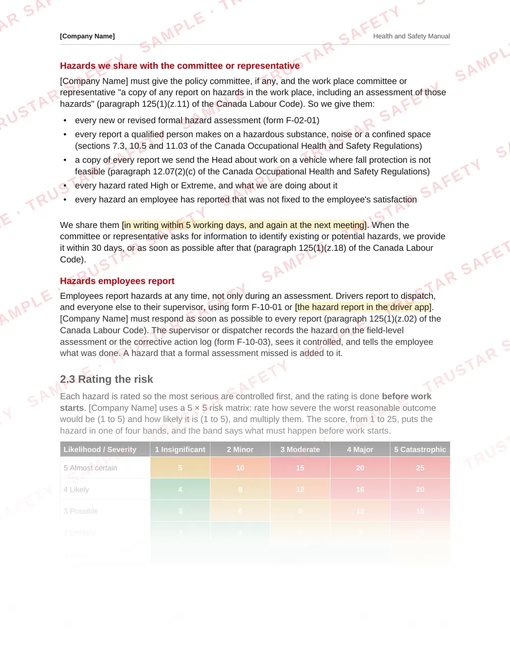 Five by five risk matrix from the federal road transport health and safety manual template