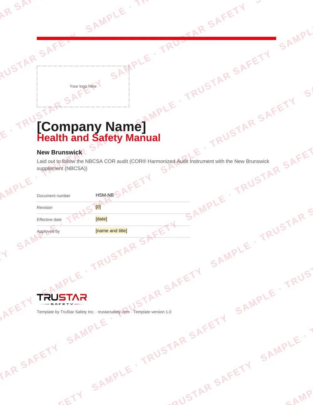 Cover of the New Brunswick COR safety manual template, with a logo box and the company name field