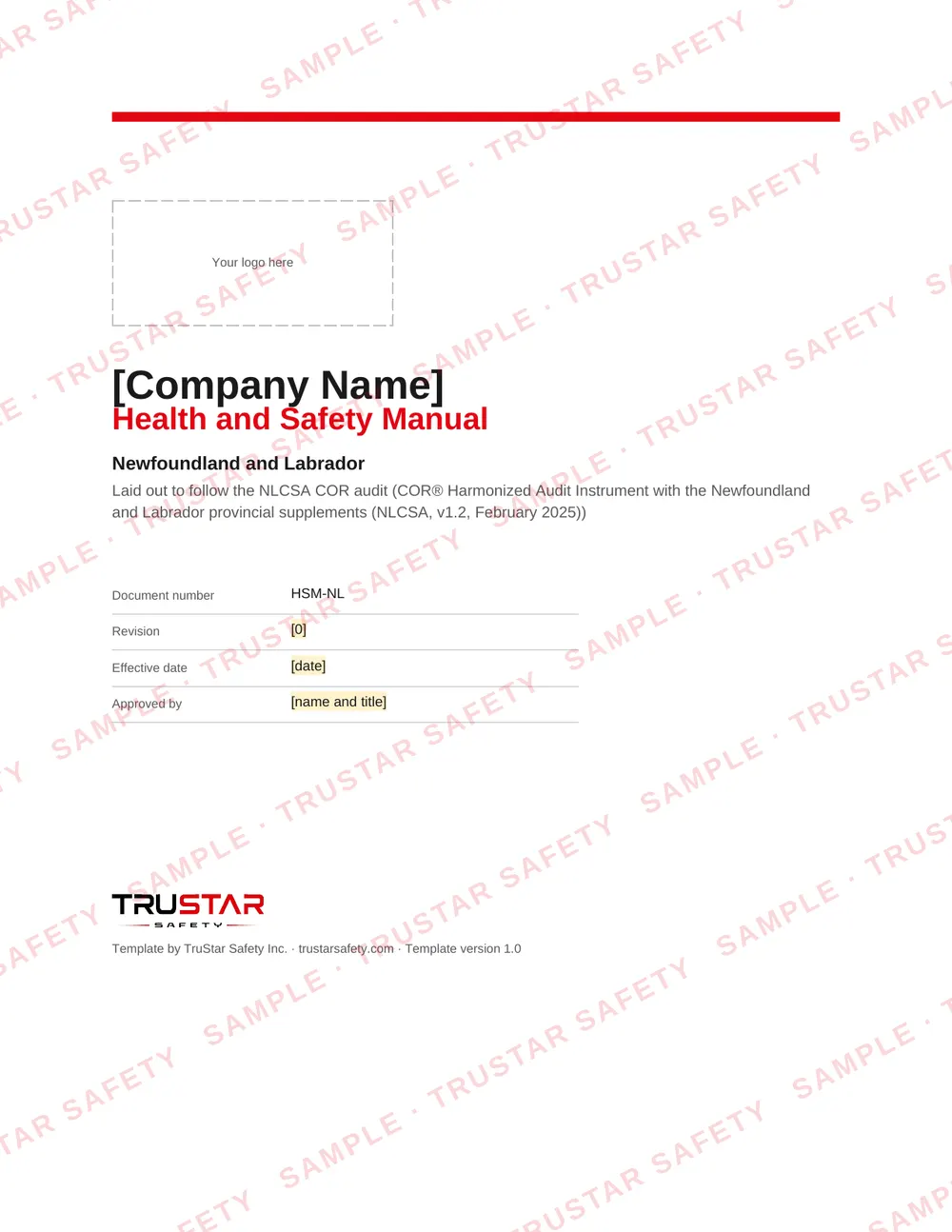 Cover of the Newfoundland and Labrador COR safety manual template, with a logo box and the company name field