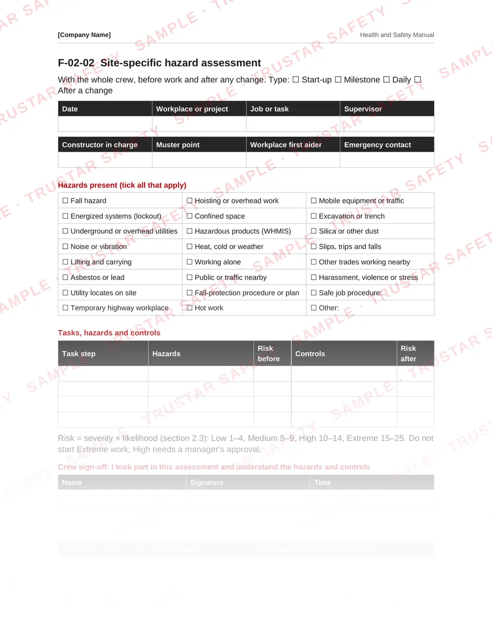 Site-specific hazard assessment form from the Nova Scotia safety manual template
