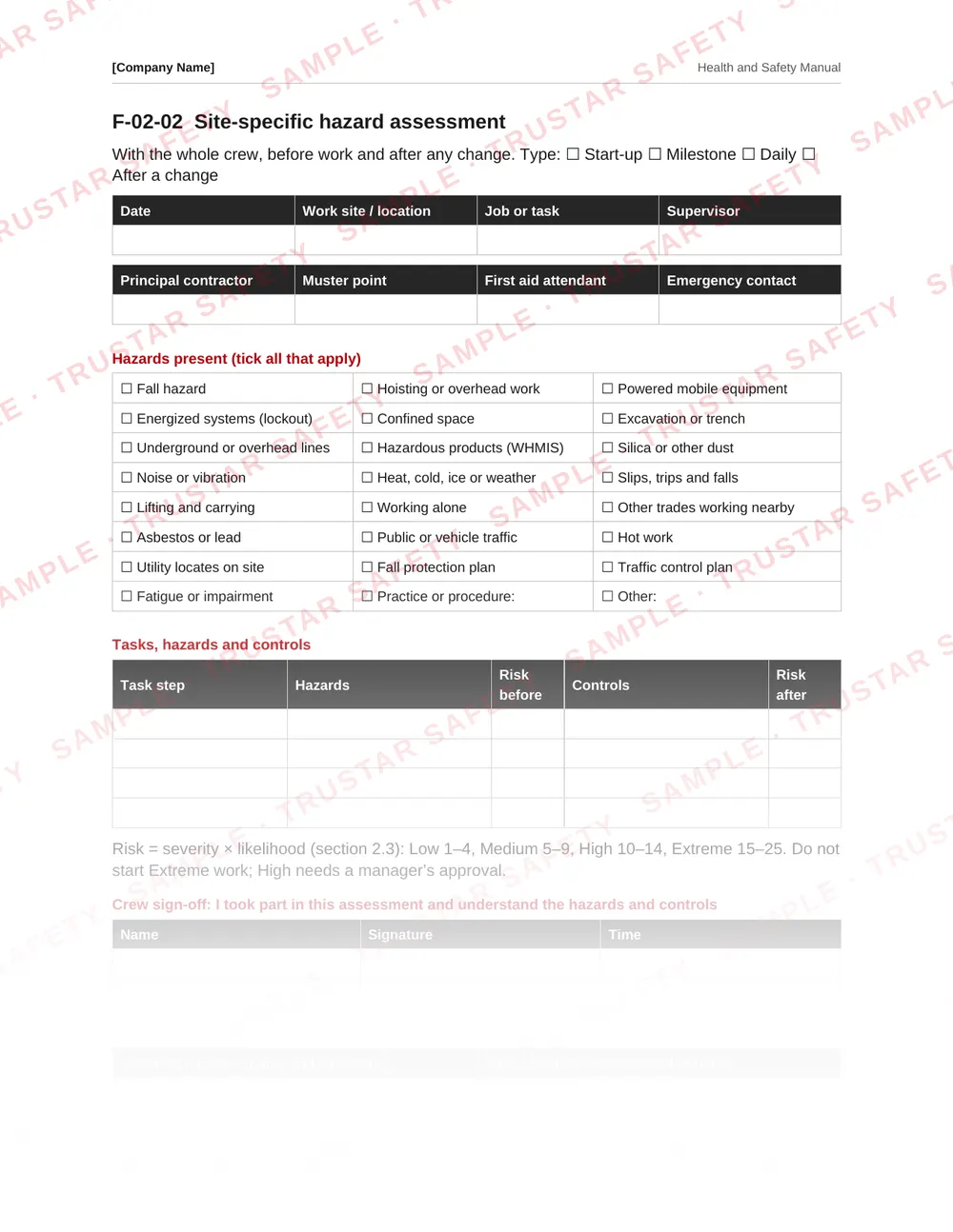 Site-specific hazard assessment form from the Northwest Territories safety manual template