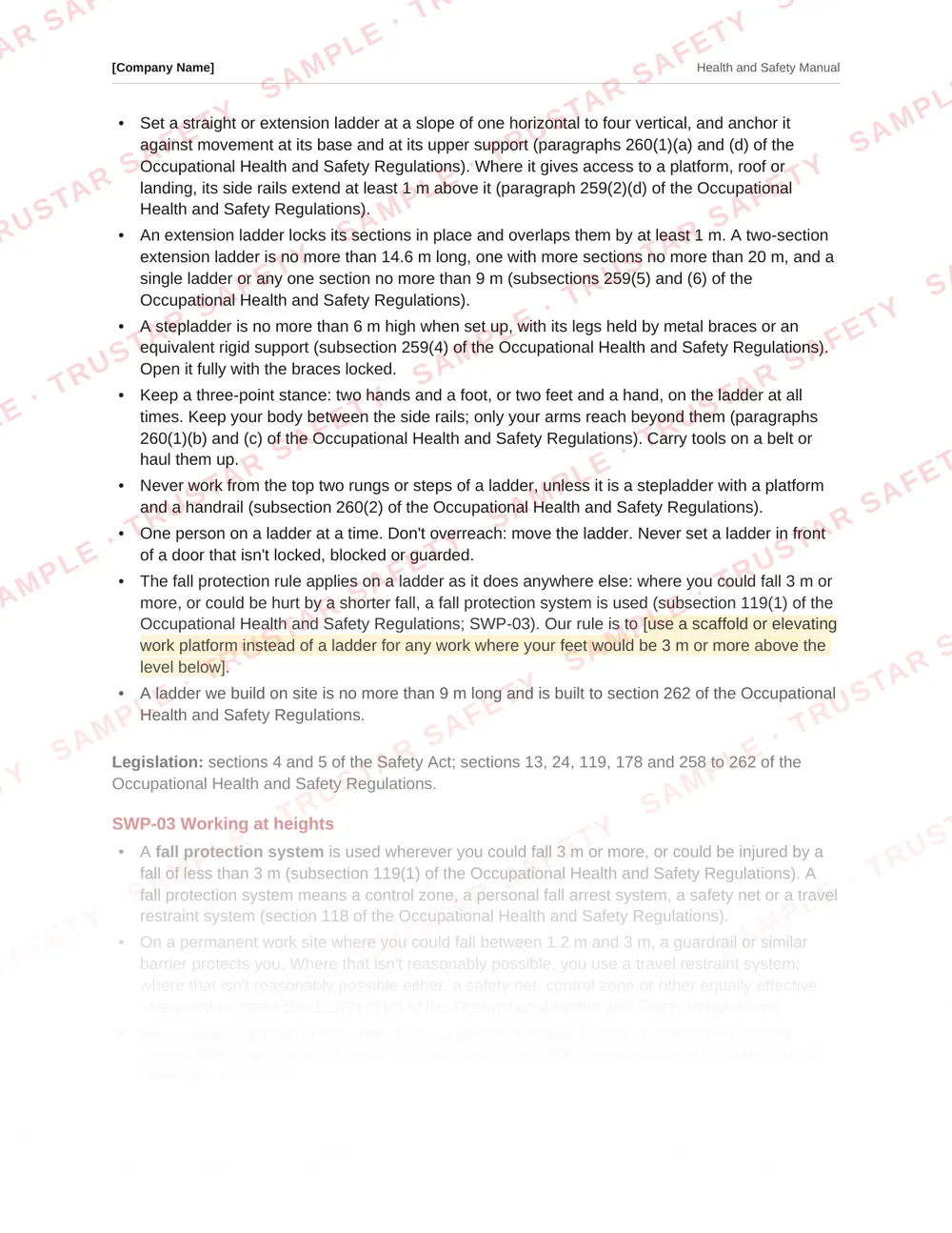 The portable ladders safe work practice from the Northwest Territories safety manual template, each rule cited to the Occupational Health and Safety Regulations