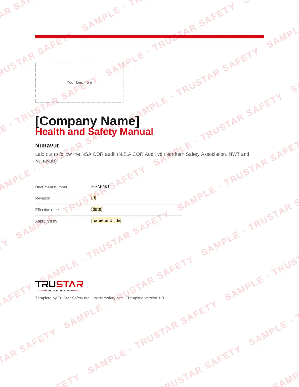 Cover of the Nunavut COR safety manual template, with a logo box and the company name field