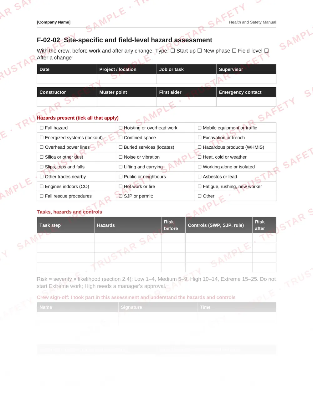 Site-specific and field-level hazard assessment form from the Ontario safety manual template