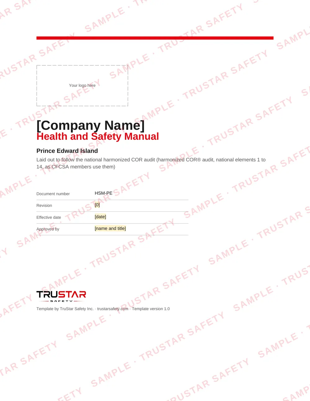 Cover of the Prince Edward Island safety manual template, with a logo box and the company name field