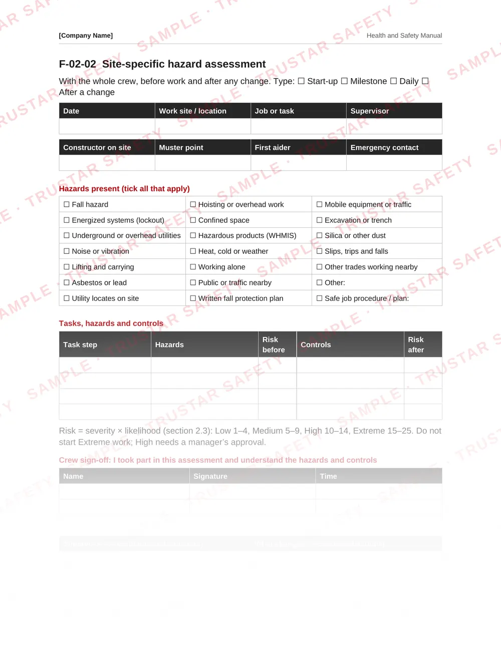 Site-specific hazard assessment form from the Prince Edward Island safety manual template
