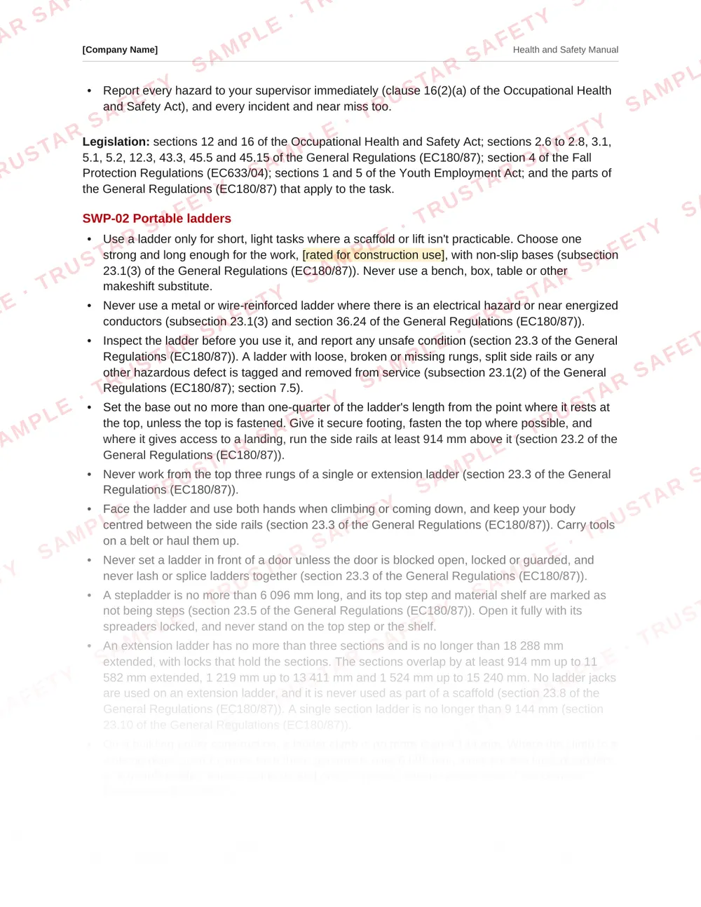 The portable ladders safe work practice from the Prince Edward Island safety manual template, each rule cited to the Prince Edward Island regulations
