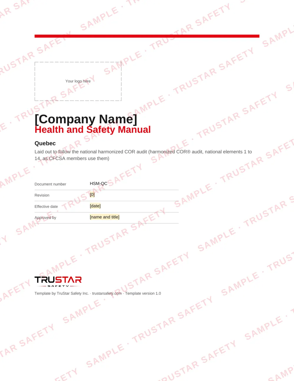 Cover of the Quebec COR safety manual template, with a logo box and the company name field