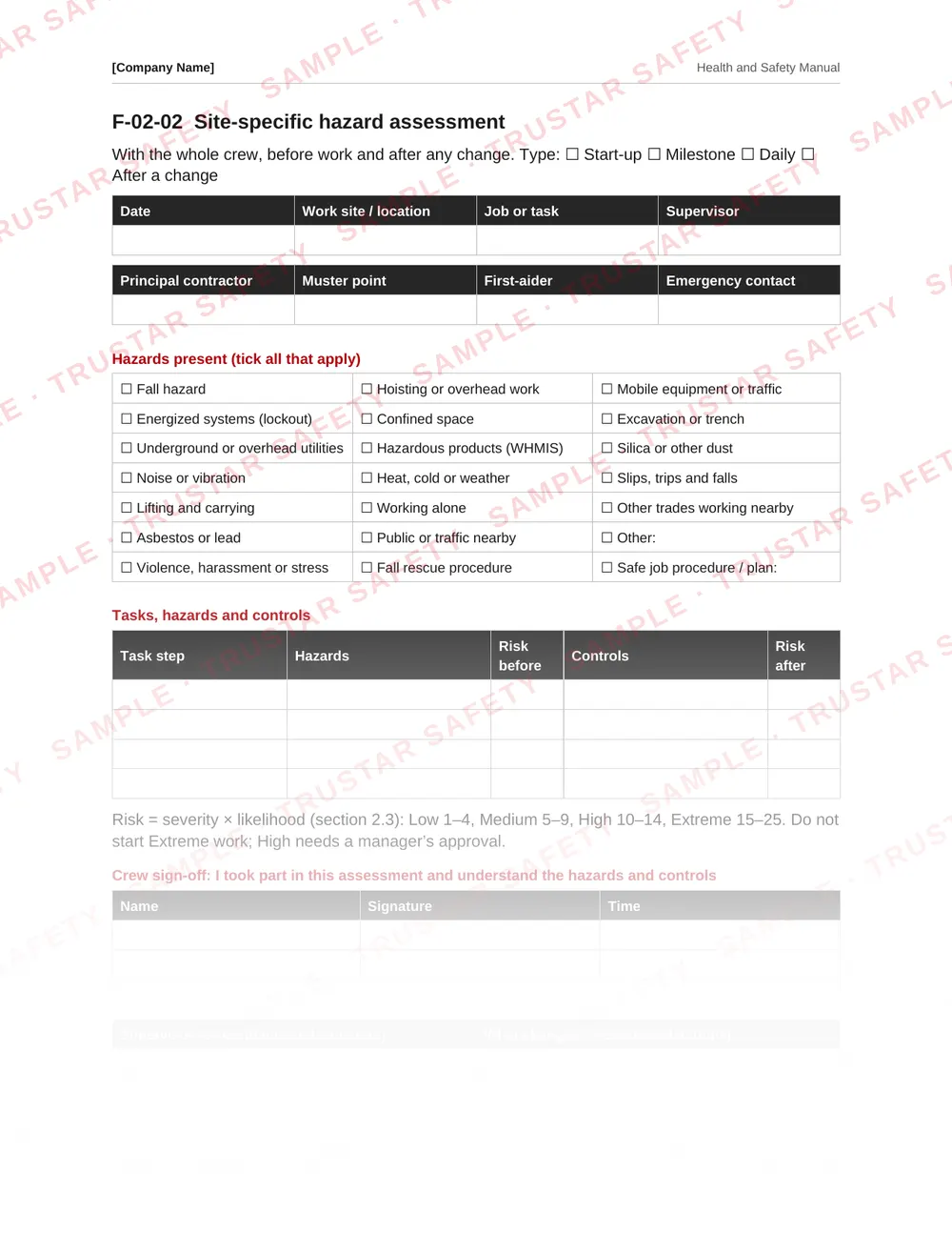 Site-specific hazard assessment form from the Quebec safety manual template