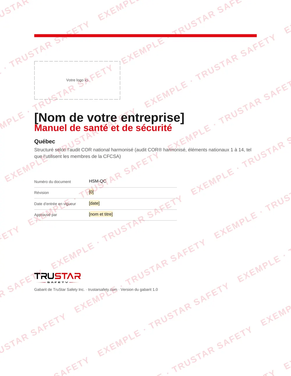 Cover of the French edition of the Quebec safety manual template, Manuel de santé et de sécurité