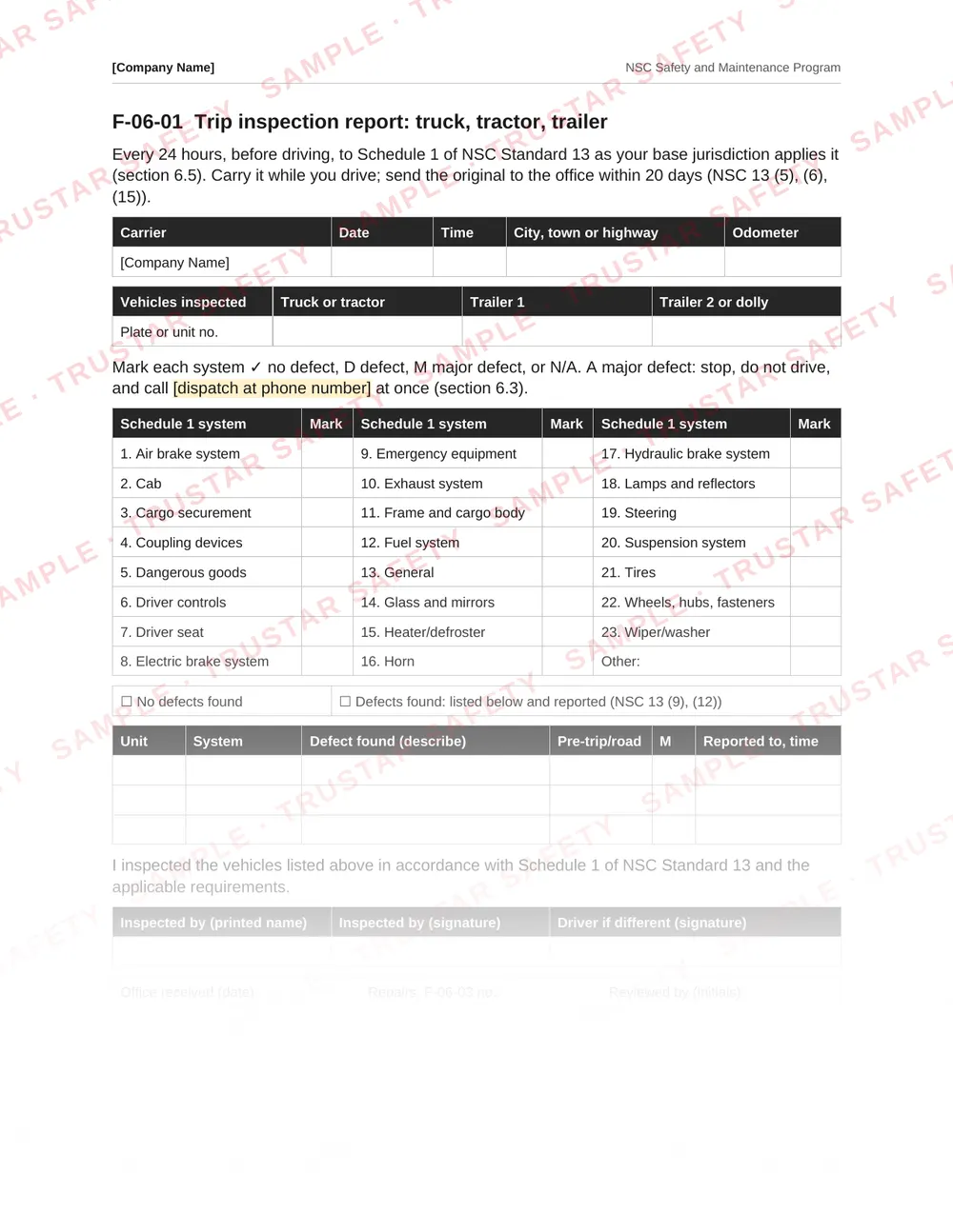 Trip inspection report form from the NSC safety and maintenance program template
