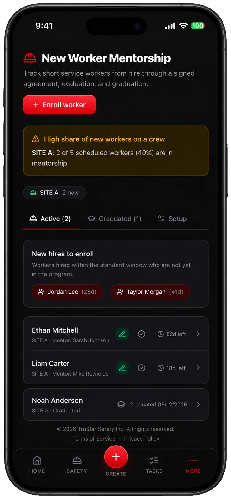 TruStar Connect New Worker Mentorship screen tracking short service workers with a mentor, signed agreement, and evaluation
