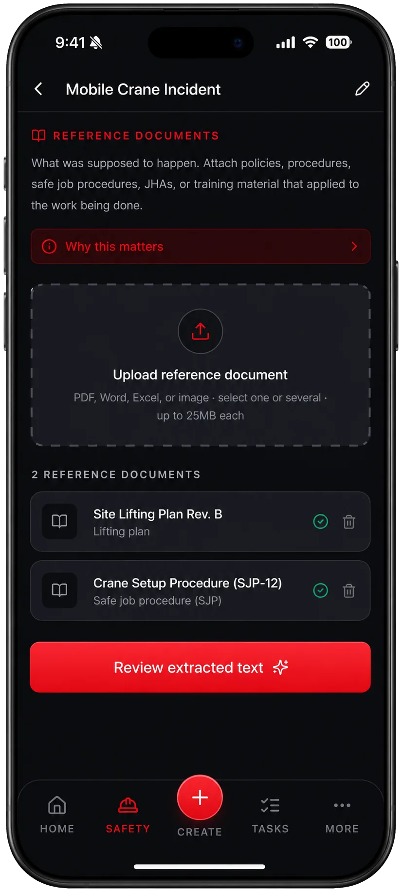 TruStar Connect reference documents screen with a site lifting plan and crane setup safe job procedure attached