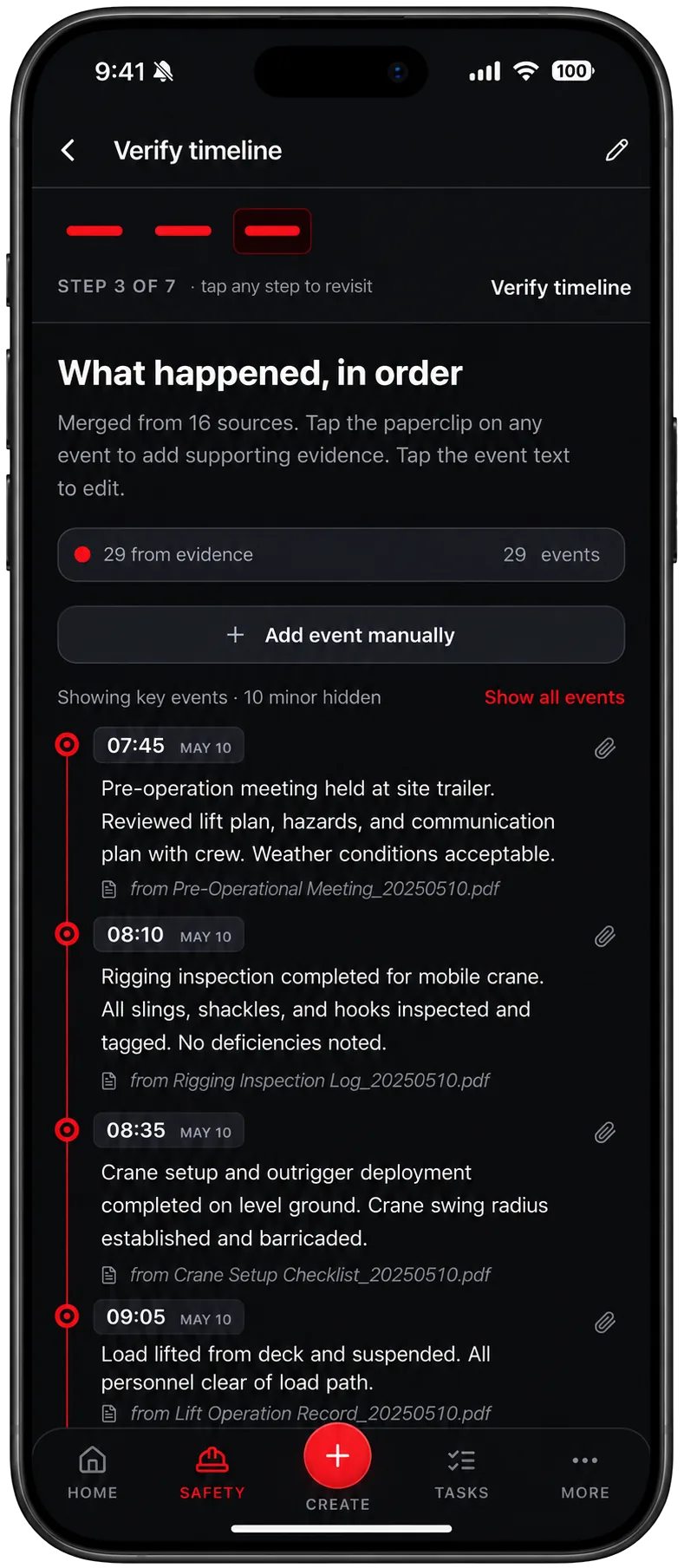 TruStar Connect verified incident timeline merged from 16 sources, with each event citing the source document it came from