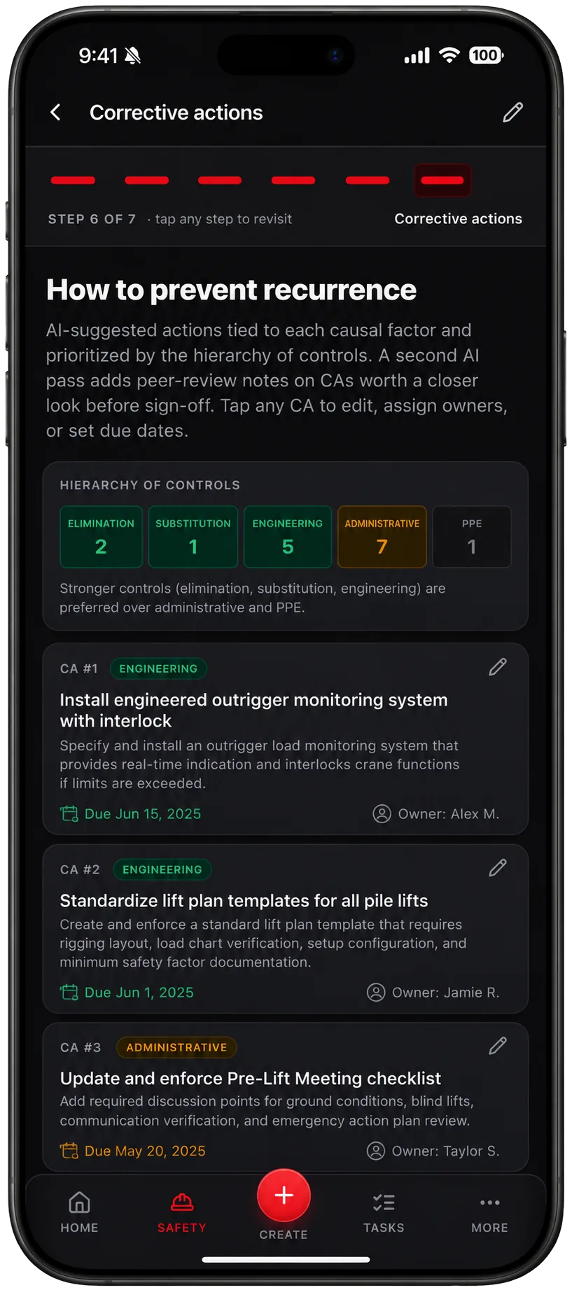 TruStar Connect corrective actions screen showing actions ranked by the hierarchy of controls with owners and due dates