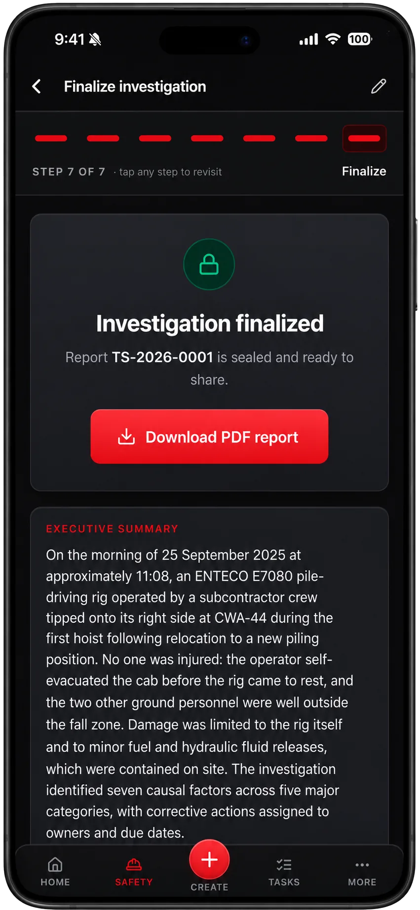 TruStar Connect finalized investigation screen with a sealed report number, executive summary, and PDF download