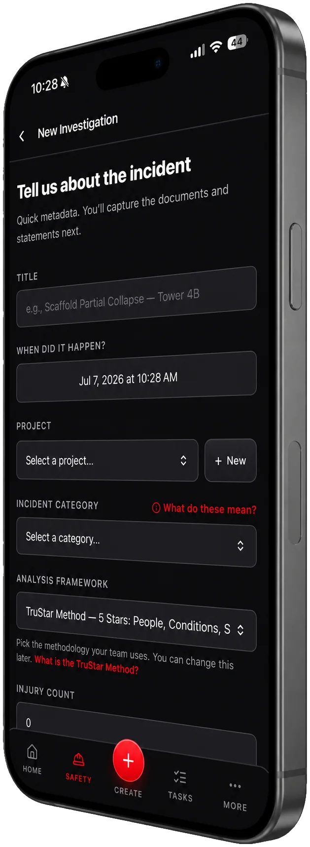 Starting a new AI root cause analysis investigation in TruStar Connect, with the TruStar Method selected as the analysis framework